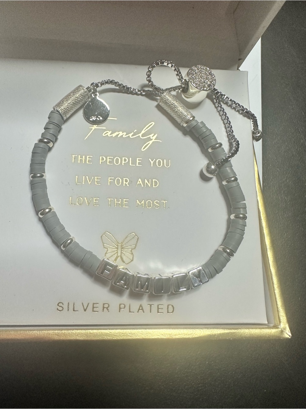 Silver-Plated Gray 'Family' Beaded Bracelet - Adjustable